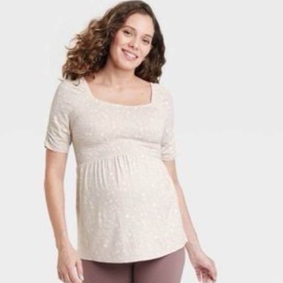 Isabel Maternity by Ingrid & Isabel Tops - Isabel Maternity Smocked Floral Beige Maternity Top